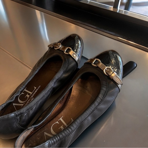 AGL Black Metallic Grey Monika Cap Toe Ballet Flats Shoes Leather Italy 40 - Picture 12 of 16